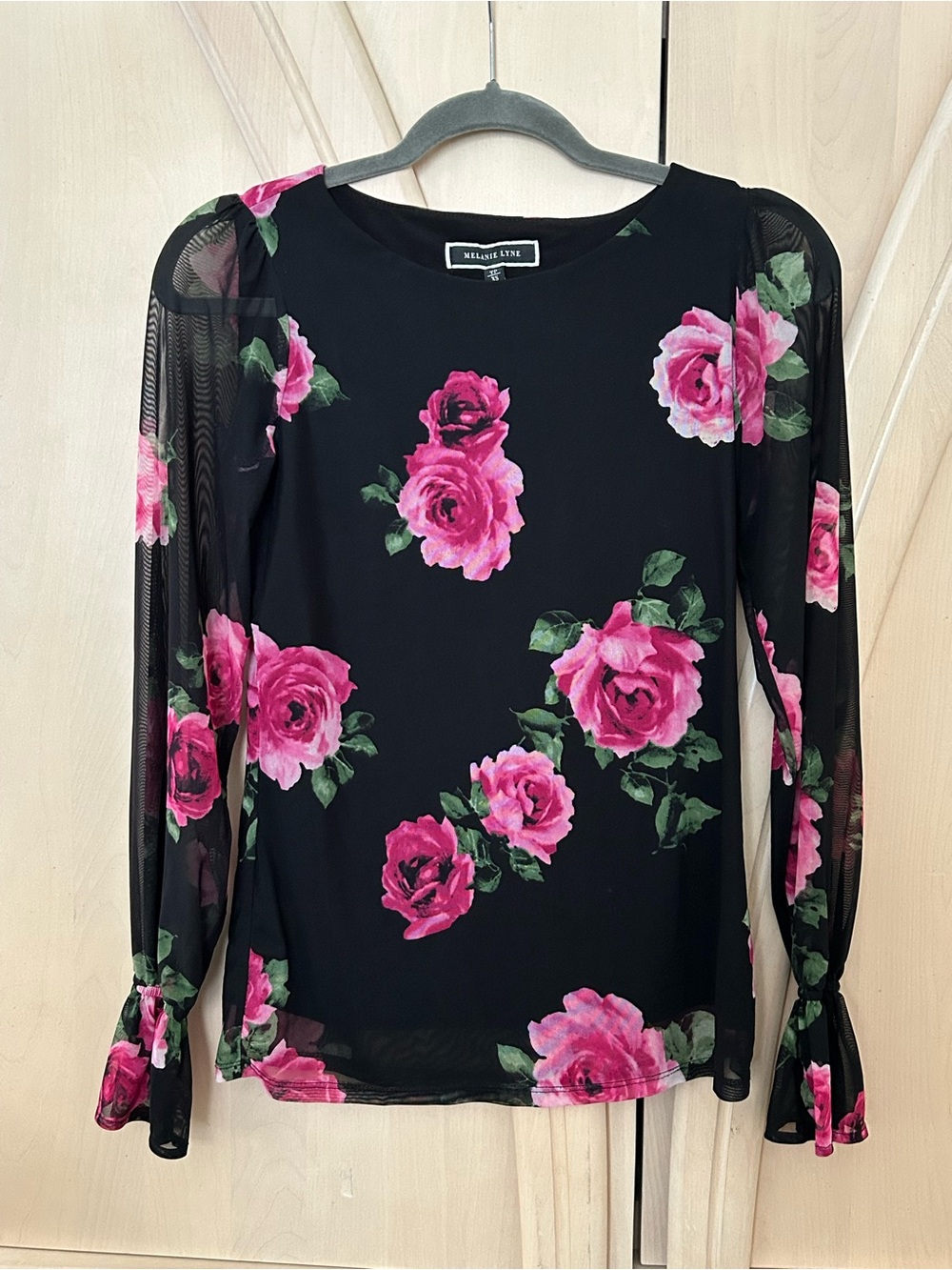 Melanie Lyne Black Blouse with Pink Rose Print and Mesh Sleeves